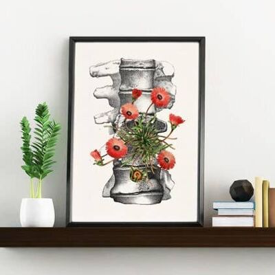 Geschenk für sie Wandkunstdruck Menschliche Anatomie Wirbel mit wilden Blumen, Anatomiekunst, anatomische Kunst, Wandkunstdekor, medizinisches Geschenk, SKA097WA4 - A5 Weiß 5,8 x 8,2