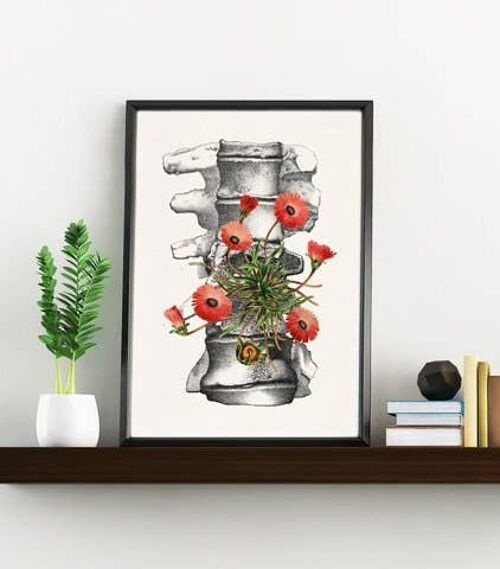 Human anatomy vertebrae with wild flowers, - A4 White 8.2x11.6 (No Hanger)