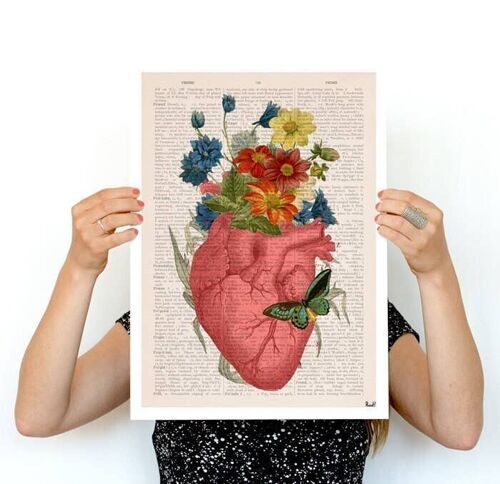 Gift for her, Christmas Gift, Wall Art Print, Pink Floral Heart, Human Anatomy Print, Love Gift, Science Gift, Anatomical Heart, SKA088 - Book Page L 8.1x12 (No Hanger)