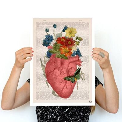 Gift for her, Christmas Gift, Wall Art Print, Pink Floral Heart, Human Anatomy Print, Love Gift, Science Gift, Anatomical Heart, SKA088 - Book Page L 8.1x12 (No Hanger)
