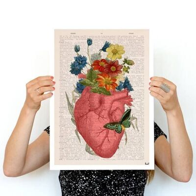 Gift for her, Christmas Gift, Wall Art Print, Pink Floral Heart, Human Anatomy Print, Love Gift, Science Gift, Anatomical Heart, SKA088 - Book Page M 6.4x9.6 (No Hanger)