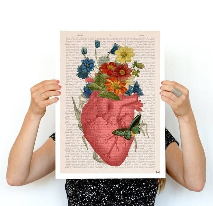 Regalo per lei, regalo di Natale, stampa artistica da parete, cuore floreale rosa, stampa di anatomia umana, regalo d'amore, regalo di scienza, cuore anatomico, SKA088 - Poster A3 11,7 x 16,5