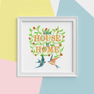 Geschenk für sie, Housewarming-Wandkunst Typografie und Vögel Druck, Wandkunst, Aquarell-Kunstdruck Neues Zuhause Geschenk-Kunstdruck-Geschenk TYQ025SQ1 – quadratisch 12 x 12
