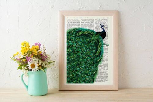 Gift for Her, New home gift, Christmas Gifts, Beautiful Peacock with endless tail wall, Housewarming art for New home, Nature art ANI149 - Book Page L 8.1x12