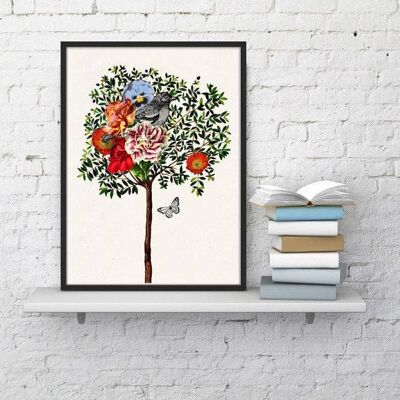 Geschenk für sie, Wandkunstdruck, Wandkunstdruck, schöner Baum mit Vogel, Collage, Vögel und Blumen, Druck – Giclée-Druck, Wanddekoration, ANI220WA4 – A5, weiß, 5,8 x 8,2 cm (ohne Aufhänger).