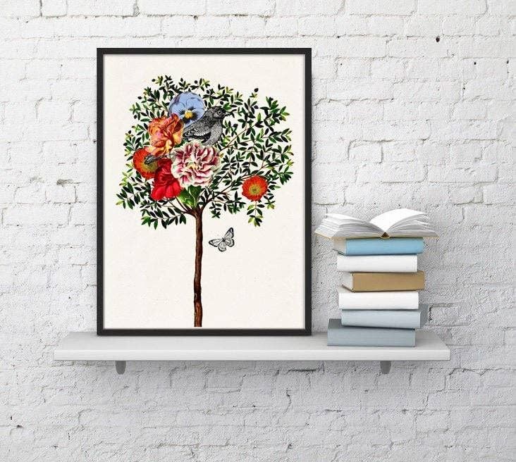 Regalo per lei, Wall art print Wall art print Beautiful Tree with Bird collage uccelli & fiori stampa-stampa giclée wall decor ANI220WA4 - A3 bianco 11,7 x 16,5