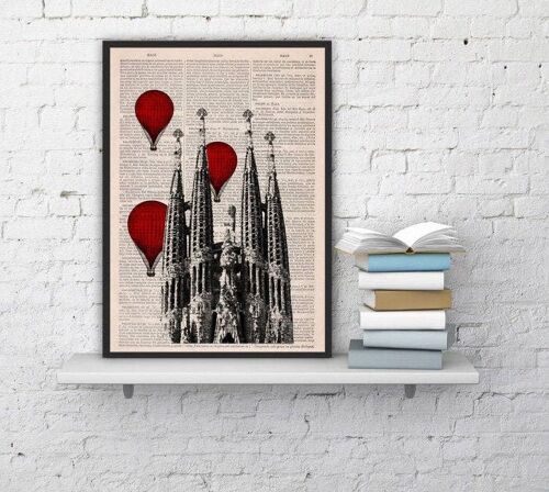 Gift for her, Xmas Svg, Christmas Gifts, Barcelona Sagrada Familia with red balloons on vintage dictionary page perfect for gifts TVh019b - Book Page M 6.4x9.6