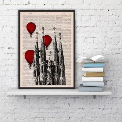 Gift for her, Xmas Svg, Christmas Gifts, Barcelona Sagrada Familia with red balloons on vintage dictionary page perfect for gifts TVh019b - Book Page M 6.4x9.6