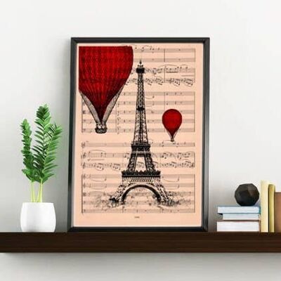 Gift for her, Xmas Svg, Christmas Gifts, Welcome spring Eiffel tower with Red balloon printed over music sheet perfect for gifts TVH027MSM - Music L 8.2x11.6