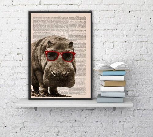 Gift for him, Christmas Gifts, Cool Hippo with Sunglasses, Wall art, Wall decor, Vintage Book sheet, Nursery wall art, Prints ANI013 - Book Page L 8.1x12