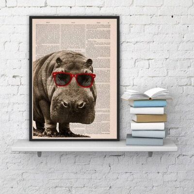 Gift for him, Christmas Gifts, Cool Hippo with Sunglasses, Wall art, Wall decor, Vintage Book sheet, Nursery wall art, Prints ANI013 - Book Page L 8.1x12