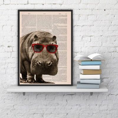 Gift for him, Christmas Gifts, Cool Hippo with Sunglasses, Wall art, Wall decor, Vintage Book sheet, Nursery wall art, Prints ANI013 - Book Page M 6.4x9.6