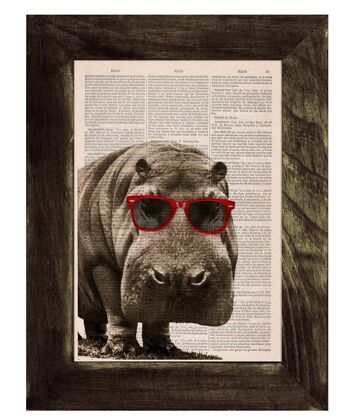 Cadeau pour lui, Cadeaux de Noël, Cool Hippo avec des lunettes de soleil, Art mural, Décoration murale, Feuille de livre vintage, Art mural de pépinière, Impressions ANI013 - Musique L 8.2x11.6 2