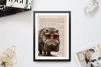 Cadeau pour lui, Cadeaux de Noël, Cool Hippo avec des lunettes de soleil, Art mural, Décoration murale, Feuille de livre vintage, Art mural de pépinière, Impressions ANI013 - Musique L 8.2x11.6 3