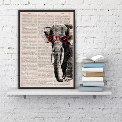 Gift for him, Christmas Gifts, Geek Elephant with glasses, Wall art, Wall decor, Gift Art for Home, Nursery wall art, Prints, ANI096 - Book Page S 5x7