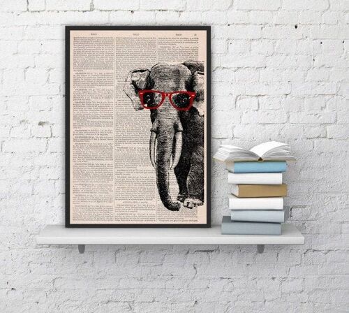 Gift for him, Christmas Gifts, Geek Elephant with glasses, Wall art, Wall decor, Gift Art for Home, Nursery wall art, Prints, ANI096 - Book Page L 8.1x12