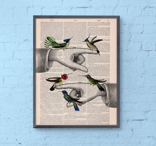 Gift for him, Christmas Gifts, Hummingbirds with pointing hands, Wall art, Wall decor, Gift Art for Home, Nursery wall art, Prints, ANI111 - Book Page S 5x7