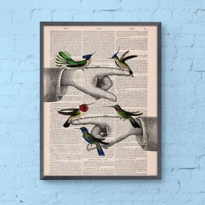 Gift for him, Christmas Gifts, Hummingbirds with pointing hands, Wall art, Wall decor, Gift Art for Home, Nursery wall art, Prints, ANI111 - Book Page L 8.1x12