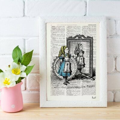 Geschenk für Frauen – Weihnachtsgeschenkidee – Alice im Wunderland Alice und die Spiegel Collage Print auf Vintage Dictionary Book Art ALW012 – Buchseite S 5 x 7