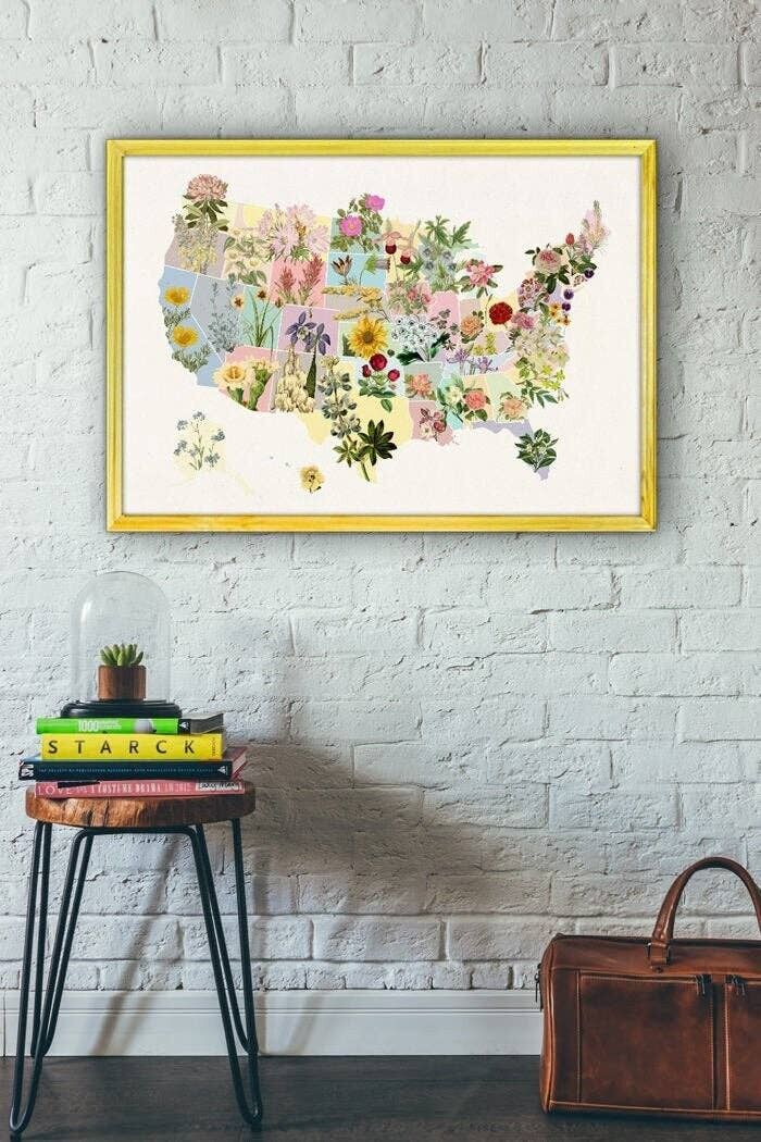 Geschenk für Frauen, Frühlingsdeko State Flowers – United States Flowers – Botanical Wall Art – US Map Wall Art – Flower Geography – TVH241WA3 – White 8x10