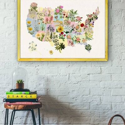 Gift for women, Spring decor State Flowers -United States Flowers - Botanical Wall Art - US Map Wall Art - Flower Geography -TVH241WA3 - A3 White 11.7x16.5 (No Hanger)