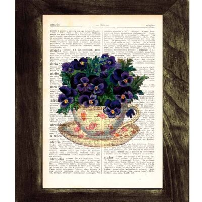 Cadeau pour femme, tirages d'art mural Tasse à thé vintage avec bouquet de pensées, art mural, décoration murale, estampes, jet d'encre, art cadeau pour la maison, TVH133 - Page de livre M 6.4x9.6