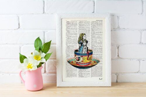 Gift Idea, Gift for her, Xmas Svg, Christmas Gifts, Alice in wonderland Alice in a tea cup Collage Print on Vintage Dictionary page ALW011b - Book Page S 5x7