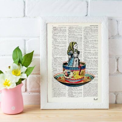 Gift Idea, Gift for her, Xmas Svg, Christmas Gifts, Alice in wonderland Alice in a tea cup Collage Print on Vintage Dictionary page ALW011b - Book Page M 6.4x9.6