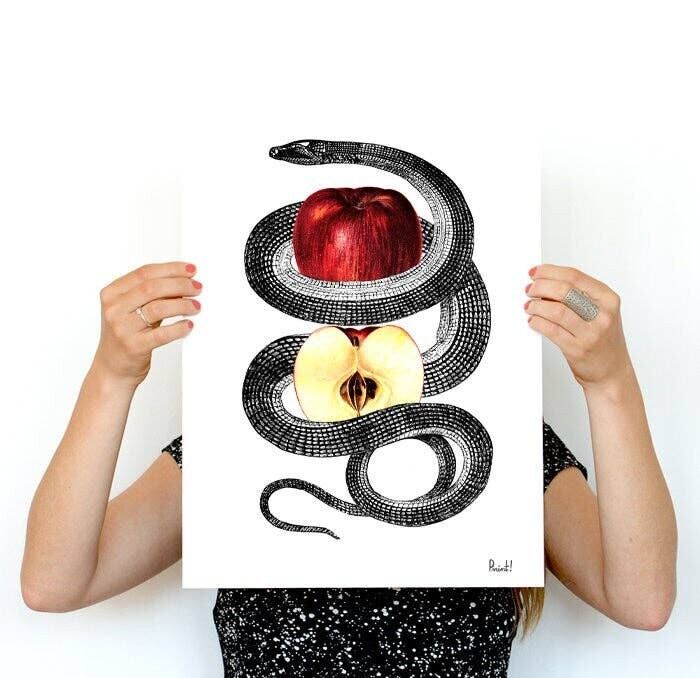 Geschenkidee, Geschenk für sie, Weihnachts-Svg, Weihnachtsgeschenke, Arztgeschenk Red Temptation Snake and Apple Wall Art Print ANI202WA4 - A4 White 8.2x11.6