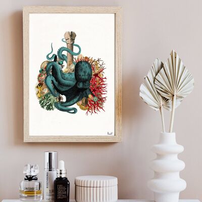 Gift Idea, Gift for Him, Octopus and Seabed Lungs Print - Anatomical Lungs - Human Anatomy Art- Octopus Art Gift - Anatomy Poster - SKA270 - A5 White 5.8x8.2 (No Hanger)