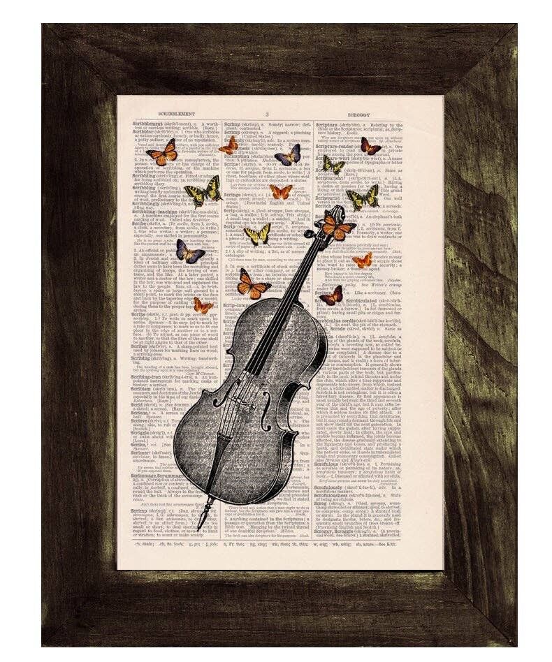 Geschenkidee, Wandkunstdrucke, Schmetterlingscollage Vintage-Buchdruck Schmetterlinge über Cello-Collage Druck auf Vintage-Wörterbuchkunst BFL083 – Musik L 8,2 x 11,6 (ohne Aufhänger)