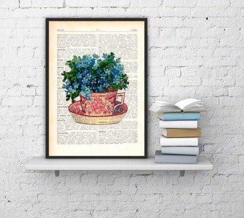 Gift under 10, Xmas Svg, Teacup with forget me not flowers bouquet, Wall art, Wall decor, Home decor, Digital prints, Prints, Giclee, TVH068 - Book Page L 8.1x12 (No Hanger)
