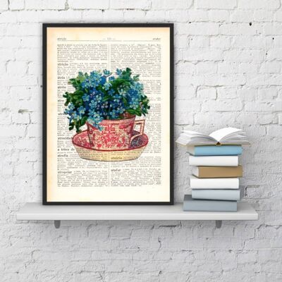 Gift under 10, Xmas Svg, Teacup with forget me not flowers bouquet, Wall art, Wall decor, Home decor, Digital prints, Prints, Giclee, TVH068 - Book Page L 8.1x12 (No Hanger)