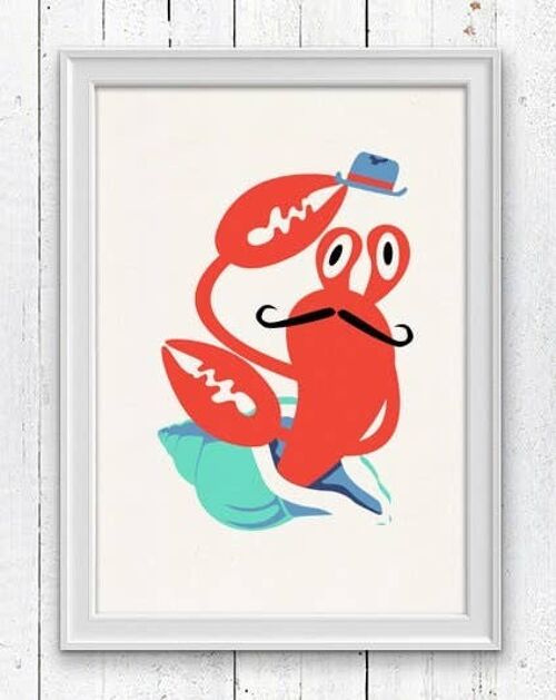 Hermit crab with moustache Sea animal illustration - White 8x10