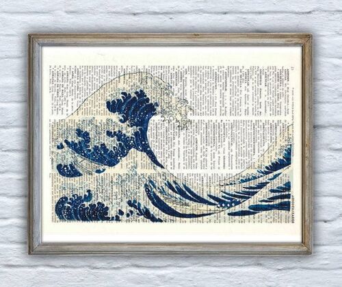 Hokusai's Japanese great wave printed on book page - Book Page M 6.4x9.6