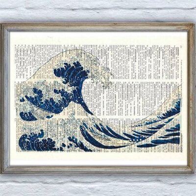 Hokusai's Japanese great wave printed on book page - Book Page M 6.4x9.6