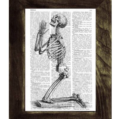 Geschenk für Zuhause, Geschenk für sie, Weihnachtsgeschenk, Arztgeschenk, betendes Skelett – Wörterbuch-Buchseitendruck – Anatomiekunst auf Upcycled-Buchseite SKA085 – Buchseite L 8,1 x 12 (ohne Aufhänger)