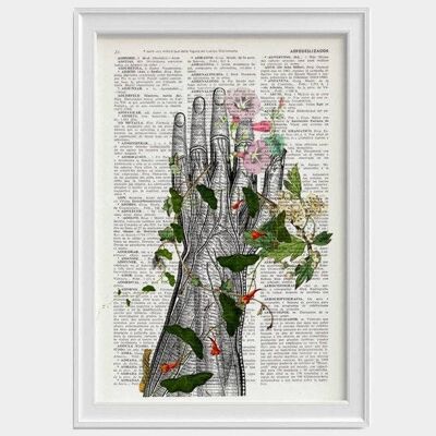 Geschenk für Zuhause, Wandkunstdruck Menschliche Hand mit Blumen Anatomie Druck auf Wörterbuch Anatomiekunst, Liebeskunst, menschliche Kunst, Wanddekoration Kunstdruck SKA092 – Buchseite L 8,1 x 12 (ohne Aufhänger)