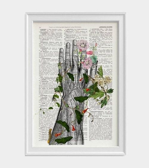 home gift, Wall art print Human hand with flowers Anatomy Print on dictionary Anatomy art, love art, human art, wall decor art print SKA092 - A4 White 8.2x11.6 (No Hanger)