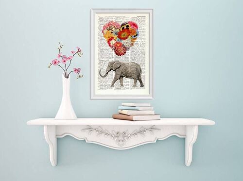 home gift, best friend gift, Christmas Gifts, Elephant with a heart shaped flower balloon of flowers Nursery art perfect for gifts Ani102b - Book Page S 5x7