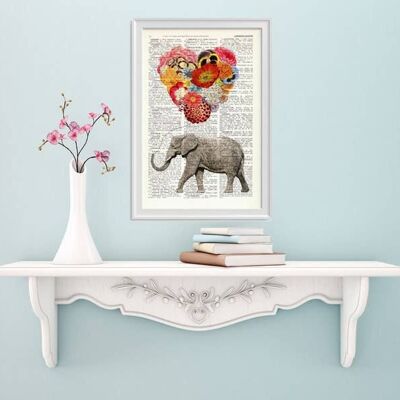home gift, best friend gift, Christmas Gifts, Elephant with a heart shaped flower balloon of flowers Nursery art perfect for gifts Ani102b - Book Page S 5x7