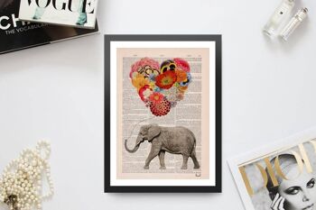 cadeau pour la maison, cadeau de meilleur ami, cadeaux de Noël, éléphant avec un ballon de fleurs en forme de coeur Art de pépinière parfait pour les cadeaux Ani102b - Page de livre L 8.1x12 4