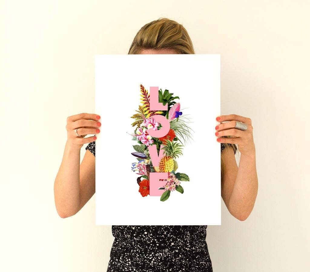 regalo per la casa, regali di Natale per la mamma, Love Wall Art Beach, decorazioni per la casa, arte tipografica, piante e frutta esotiche, arte della parete del segno d'amore, TYQ211WA3 - A5 bianco 5,8x8,2