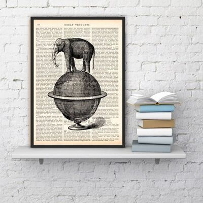 home gift, Christmas Gifts, Elephant takes a walk over a world, Wall art, Wall decor, Gift Art for Home, Nursery wall art, Prints ANI093 - Book Page L 8.1x12