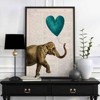 Cadeau pour la maison, Cadeaux de Noël, Éléphant avec un ballon en forme de coeur bleu, Art d'éléphant, Art de pépinière, Décoration murale, Art mural, Art animalier ANI216PA3 (Pas de cintre) 4