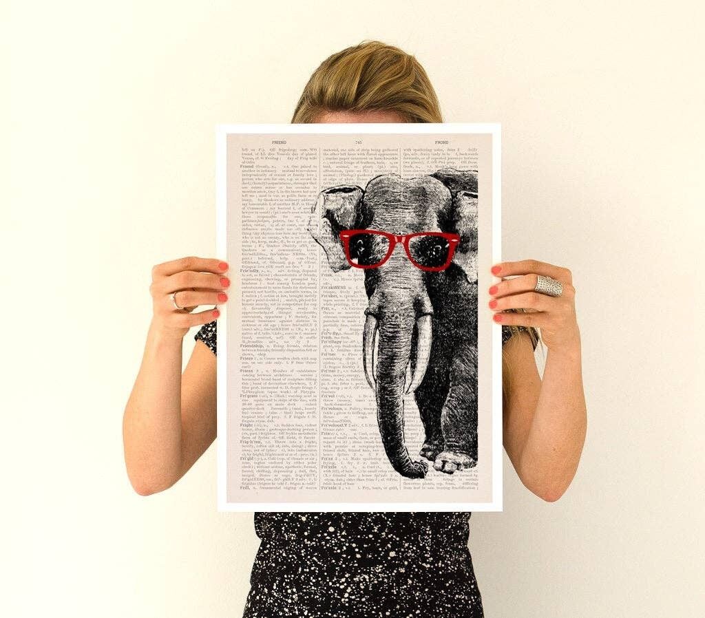 Geschenk für Zuhause, Weihnachtsgeschenke, Elefant mit roter Brille, Elefantenkunst, Kinderzimmerkunst, Wandkunst, Tierkunst, Tierdekor, umweltfreundlich ANI096PA3