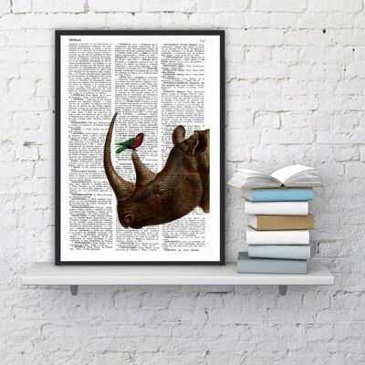 cadeau pour la maison, Cadeaux de Noël, Rhino et petit oiseau, Art mural, Décoration murale, Art cadeau pour la maison, Art mural de chambre d'enfant, Impressions, Impression de rhinocéros ANI072 - Page de livre M 6.4x9.6