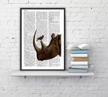 cadeau pour la maison, Cadeaux de Noël, Rhino et petit oiseau, Art mural, Décoration murale, Art cadeau pour la maison, Art mural de chambre d'enfant, Impressions, Impression de rhinocéros ANI072 - Page de livre M 6.4x9.6 1