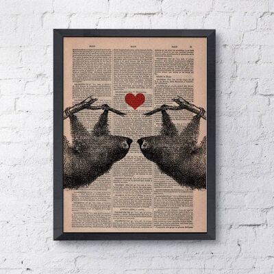 Cadeau pour la maison, cadeaux de Noël, paresseux amoureux, couple de paresseux avec coeur rouge, art mural, décoration murale, art cadeau pour la maison, chambre d'enfant, impressions ANI068 - Page de livre S 5x7