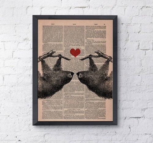 Home Gift, Christmas Gifts, Sloths in Love, Sloth Couple with Red Heart, Wall Art, Wall Decor, Gift Art for Home, Nursery, Prints ANI068 - Book Page M 6.4x9.6